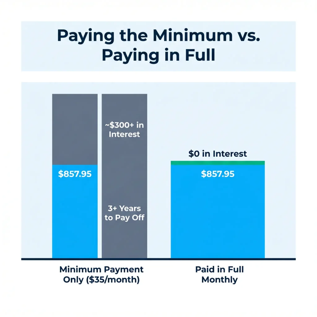 Bar chart comparing total interest cost of minimum payment versus paying a credit card statement in full