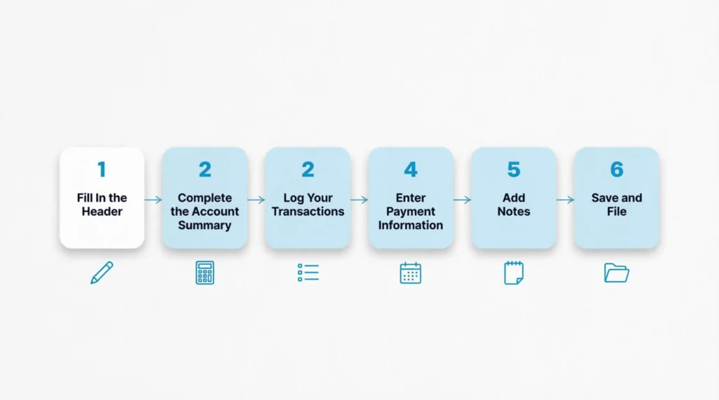 Six-step horizontal flowchart showing how to fill out a billing form each month
