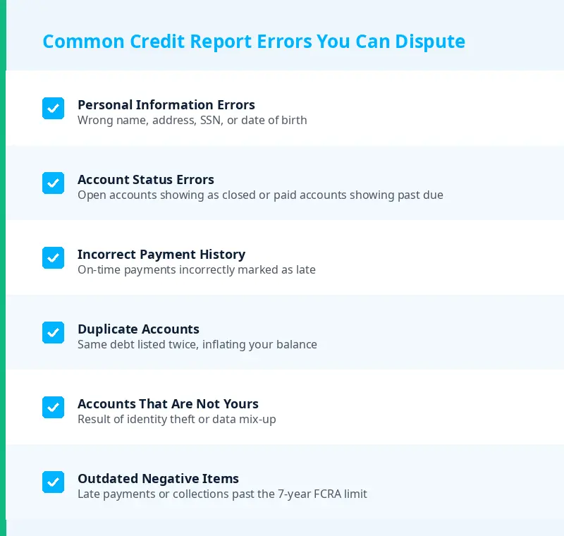 Checklist card listing six types of mistakes commonly found on consumer credit files