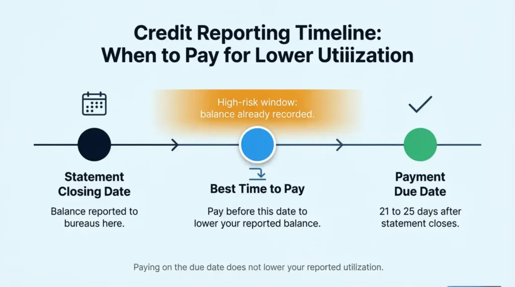Horizontal timeline showing statement closing date, ideal payment window, and payment due date in sequence