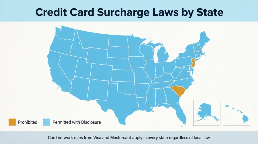 US map showing states where credit card surcharges are prohibited compared to states where they are allowed