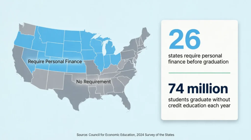 US map showing which states require personal finance education before high school graduation