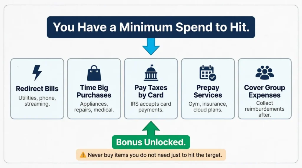 Five strategy cards showing smart ways to reach a credit card minimum spend requirement