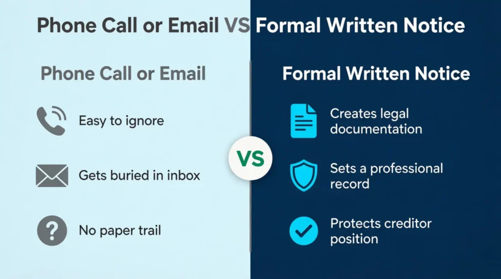 Side by side comparison showing a formal written notice next to a phone call illustration