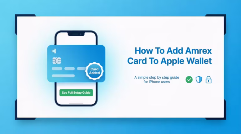 Smartphone screen showing how to add Amex card to Apple Wallet with confirmation badge