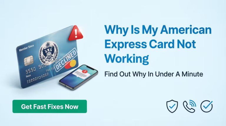 Credit card with a decline alert icon next to bold text asking why your American Express card is not working