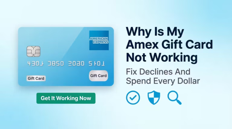 Illustration of an Amex gift card beside text explaining why is my Amex gift card not working