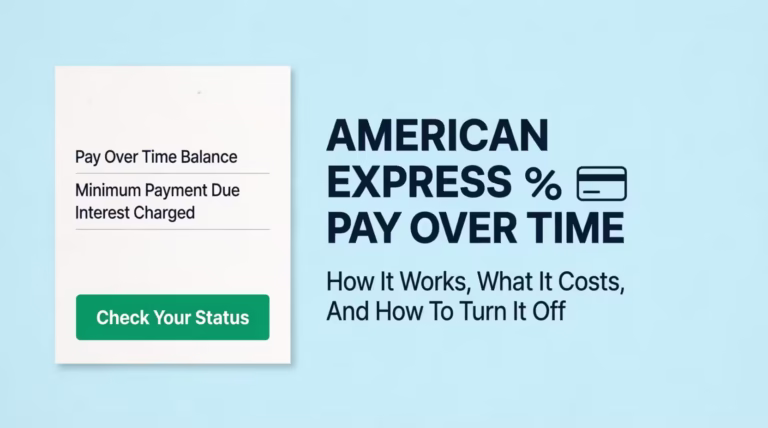 American Express Pay Over Time guide showing a credit card statement with balance and interest details