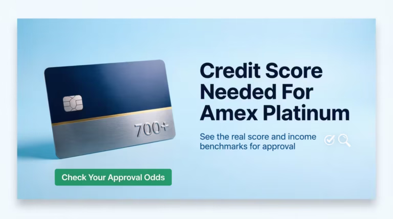 Credit card standing upright next to text about the Amex Platinum credit score requirement