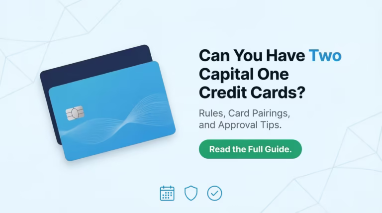 Two overlapping credit cards side by side showing a two-card strategy guide