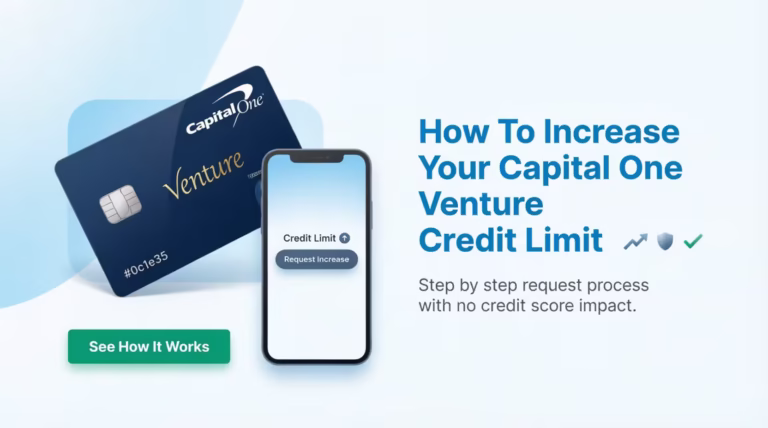 Capital One Venture card and phone screen showing a credit limit increase request button