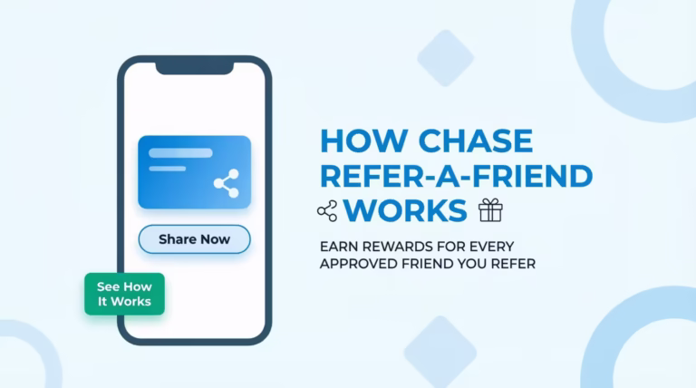Smartphone showing a Chase refer a friend app screen with a referral share button