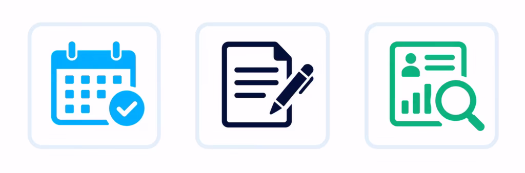 Icon set showing a calendar, document, and magnifying glass representing confirmation steps