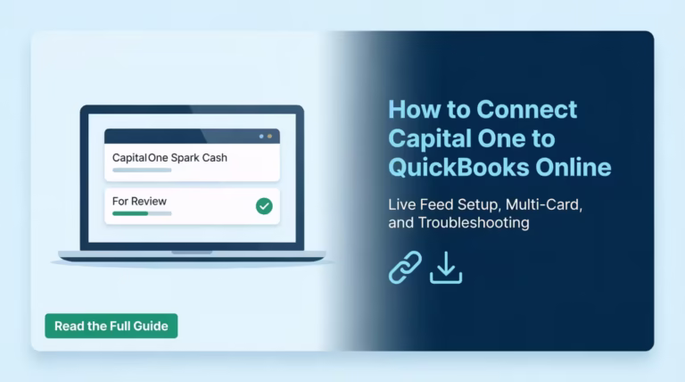 A laptop showing a Capital One credit card connected to QuickBooks Online bank feed dashboard