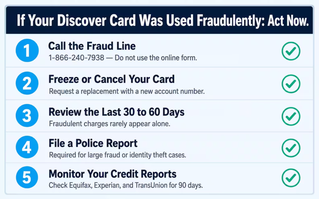Five-step numbered checklist for responding immediately after a fraudulent card charge