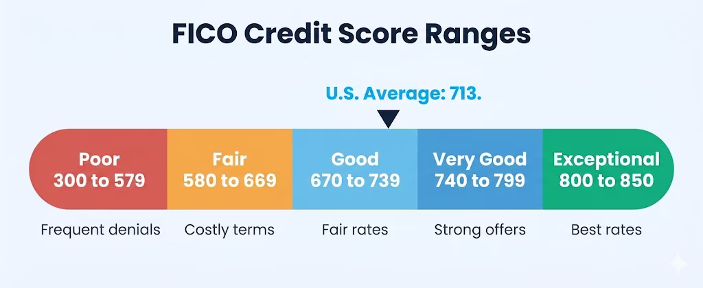 Horizontal color-coded bar showing five credit rating tiers from lowest to highest with short descriptors