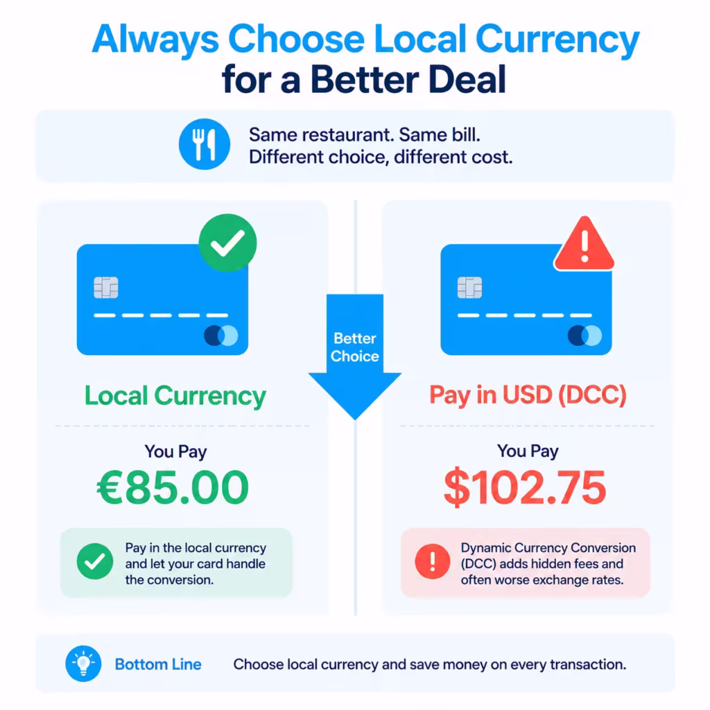 Side by side comparison showing local currency payment versus paying in US dollars