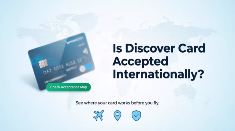 Credit card and world map graphic illustrating Discover card international acceptance by country
