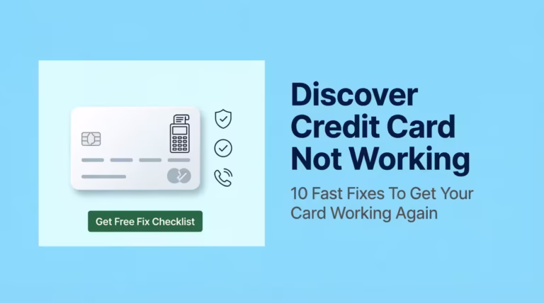 Discover credit card not working guide showing checklist document and troubleshooting fix icons