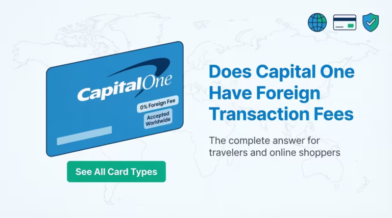 Capital One credit card shown with zero foreign transaction fee label for international travelers