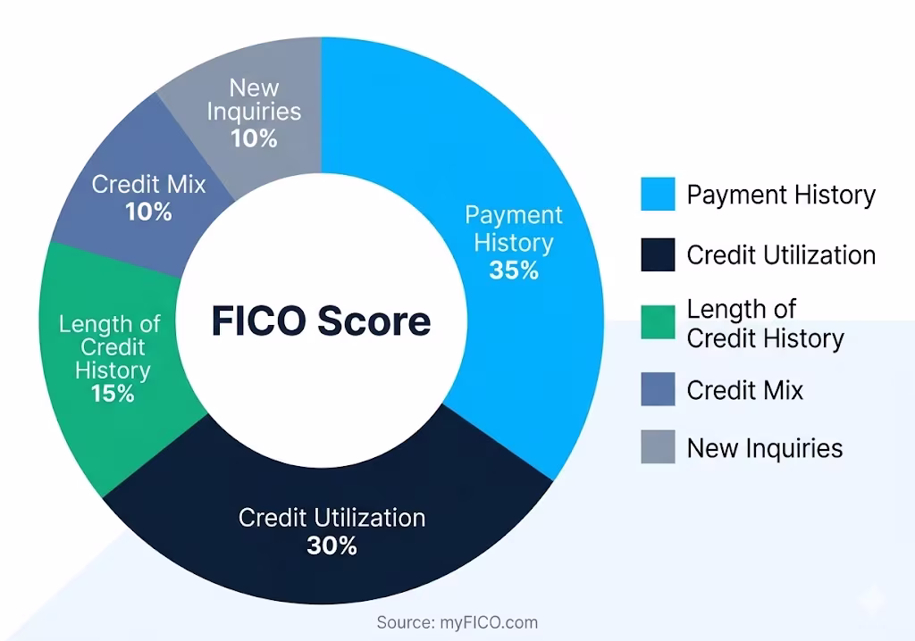Donut chart breaking down the five factors that make up a FICO credit score by percentage