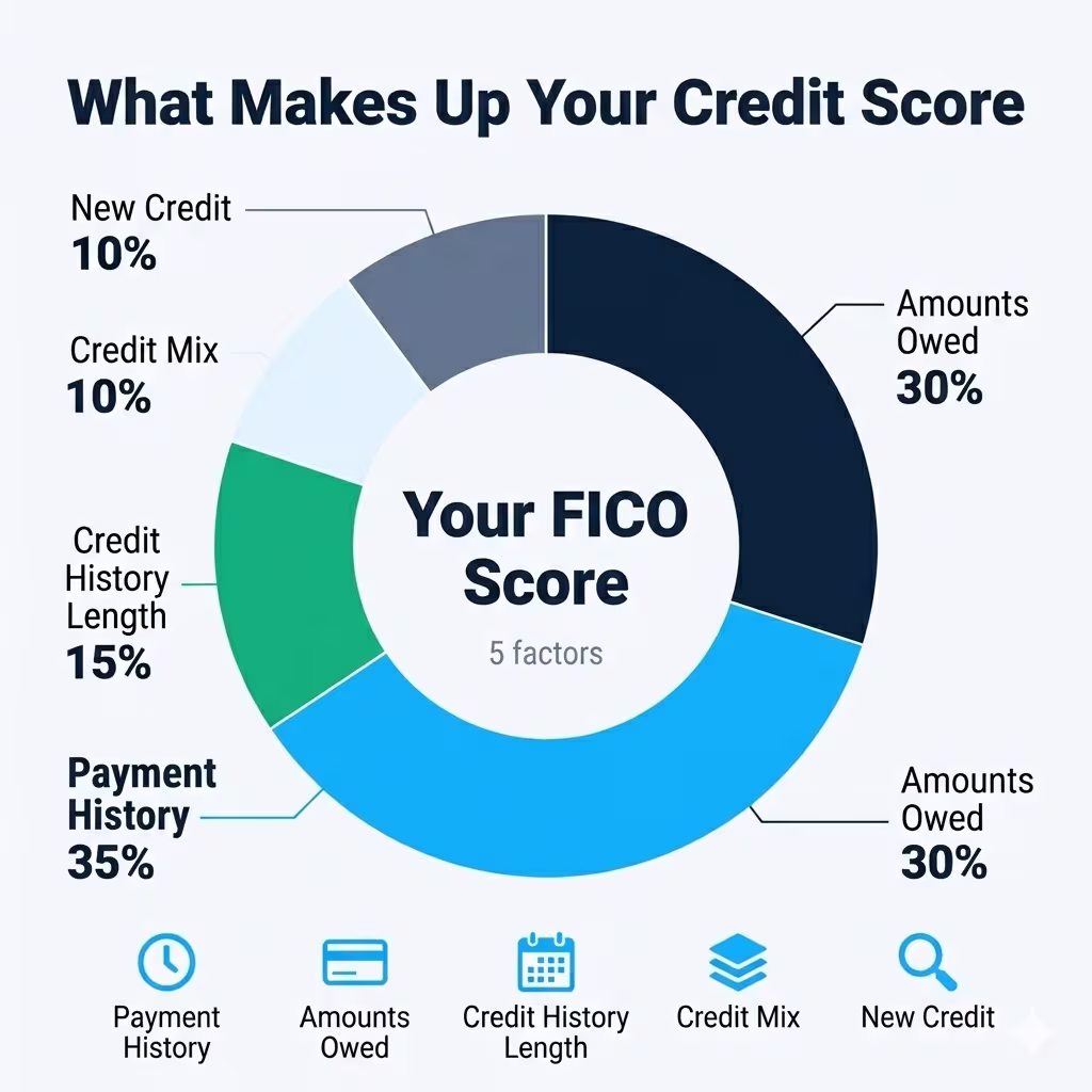 Donut chart divided into five segments showing the weighted components of a credit score
