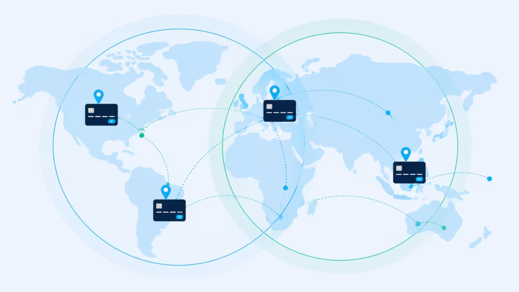World map illustration showing global payment network coverage across continents