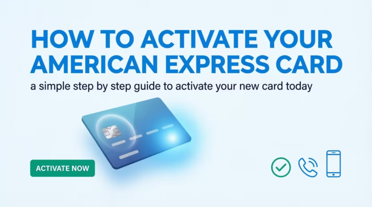 A credit card graphic with an activate now button illustrating how to activate your American Express card