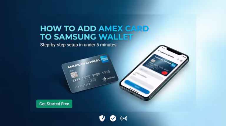Smartphone screen showing a digital credit card next to a physical card illustration representing mobile wallet setup