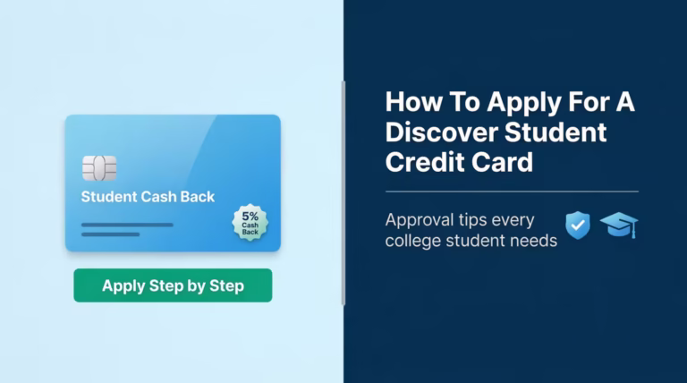 College student holding a Discover credit card while reviewing an online application guide