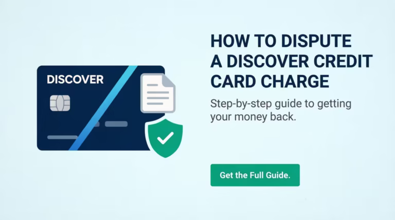 Discover credit card dispute guide showing card, billing statement, and fraud shield icons