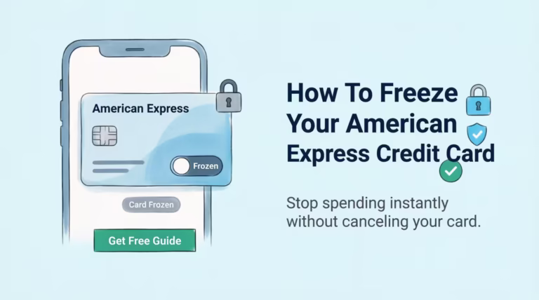 Smartphone screen showing a credit card freeze toggle next to how to freeze amex credit card headline