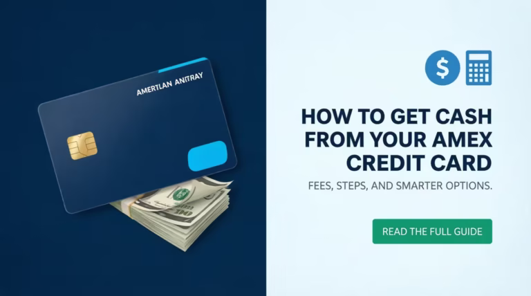American Express credit card with cash and fee guide headline on blue background