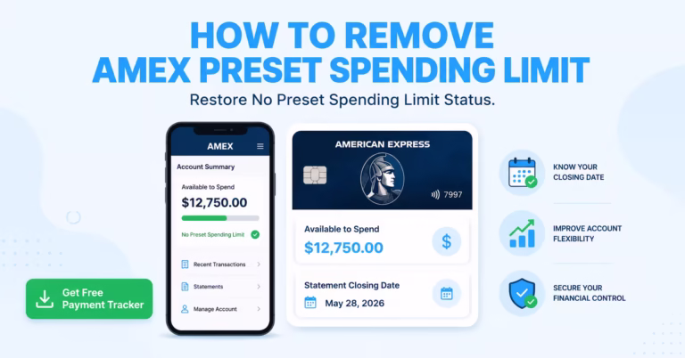 Illustration showing a credit card dashboard with spending limit and statement date details, representing how to remove an Amex preset spending limit.