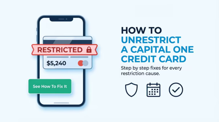 Smartphone showing a banking app with a restricted credit card alert and unrestrict guide headline