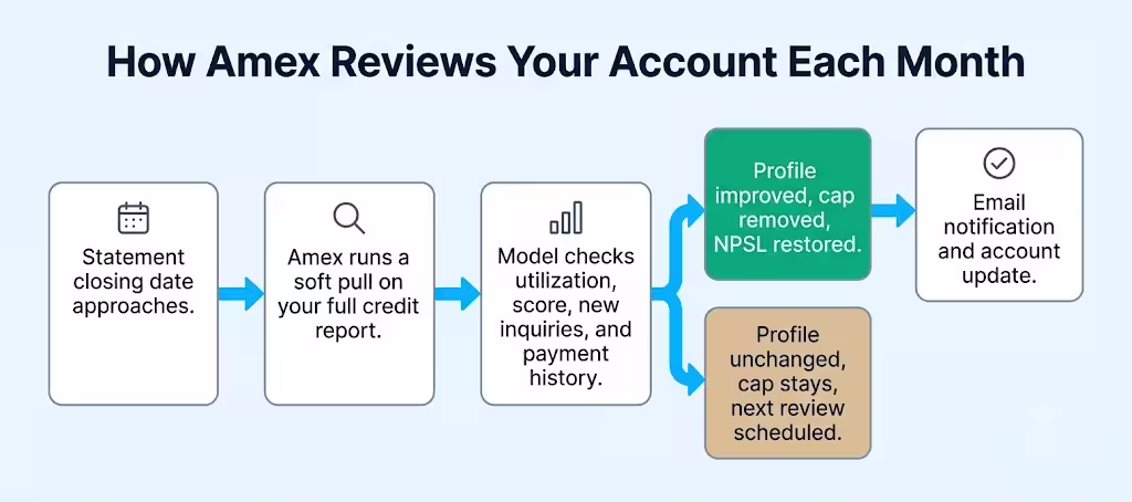 Horizontal flowchart showing the five step monthly review process a card issuer runs on an account