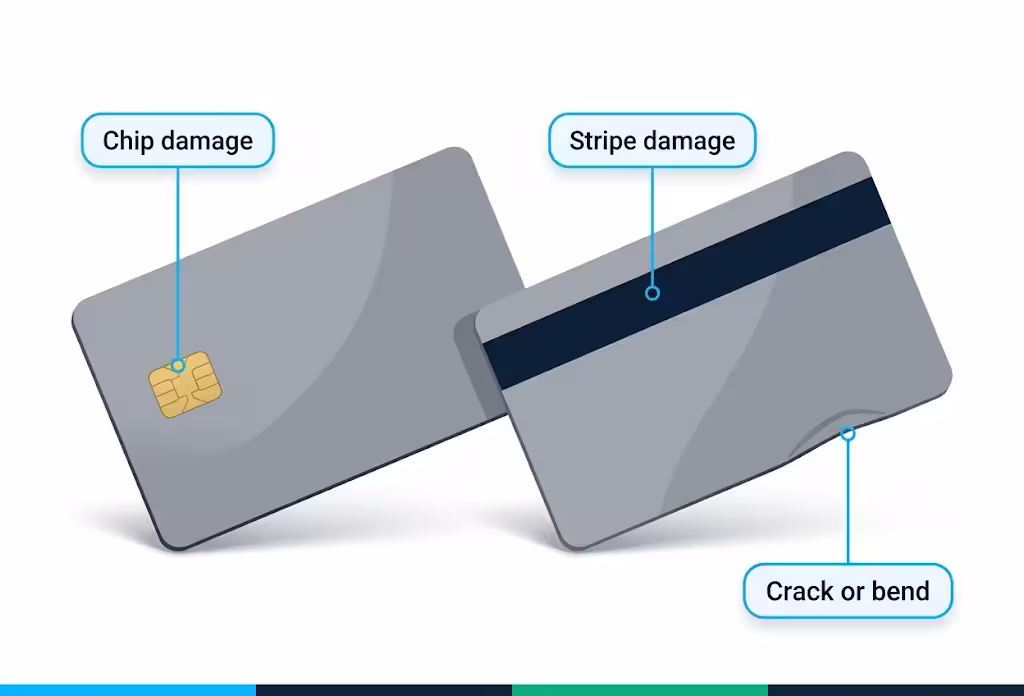 Annotated diagram pointing out chip stripe and bend damage locations on a card
