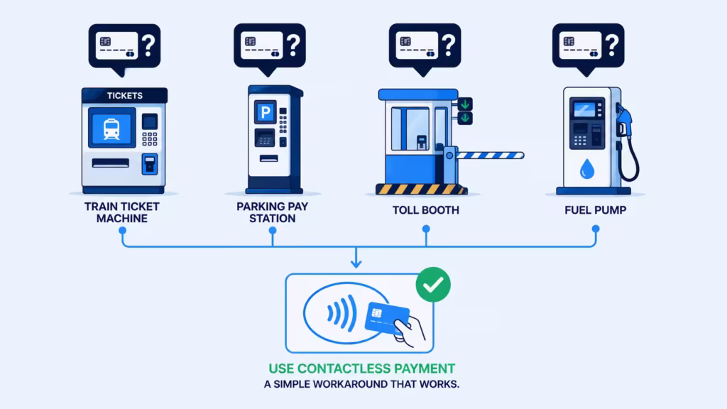 Row of unattended payment kiosks including ticket machine, toll booth, and fuel pump icons