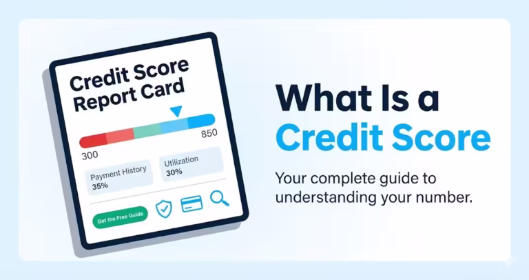 Illustrated credit score report card showing a score meter from 300 to 850 with tier labels