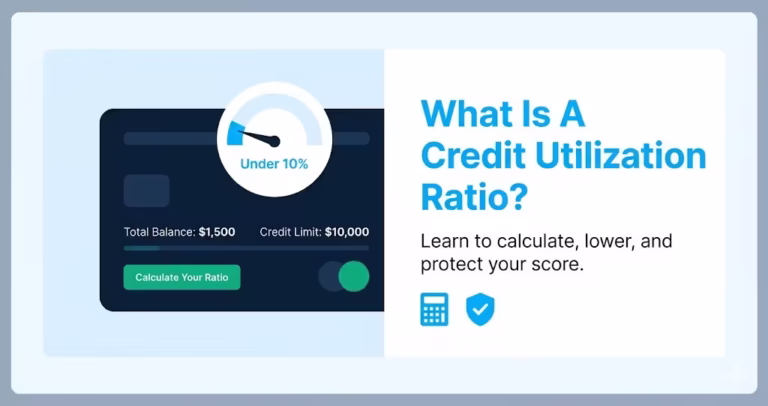 Credit utilization ratio guide showing a credit card with a low balance percentage gauge
