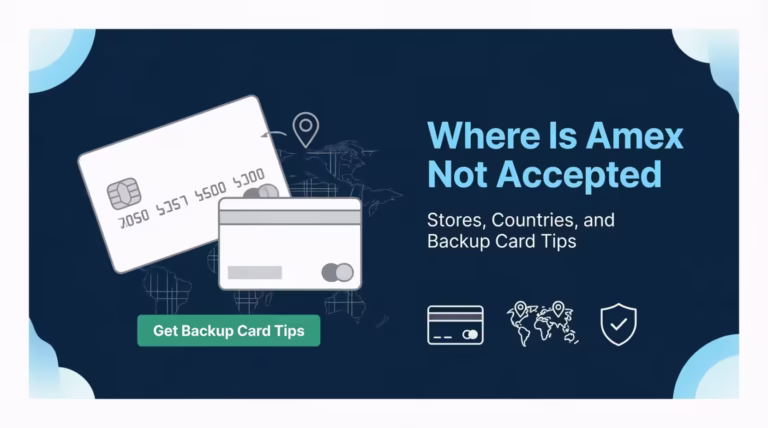 Credit card and world map illustration showing where Amex is not accepted for travelers