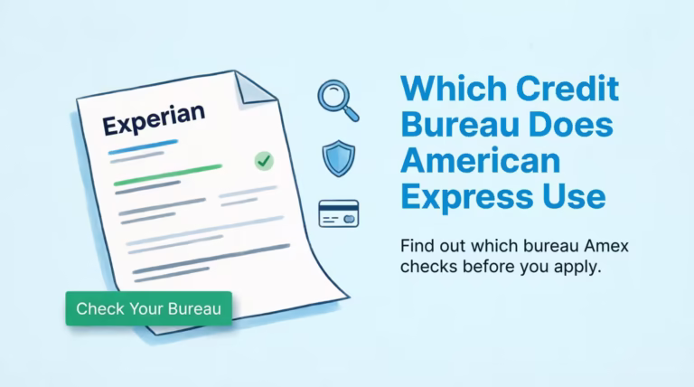 A credit report document next to the heading about which credit bureau American Express uses for card applications.