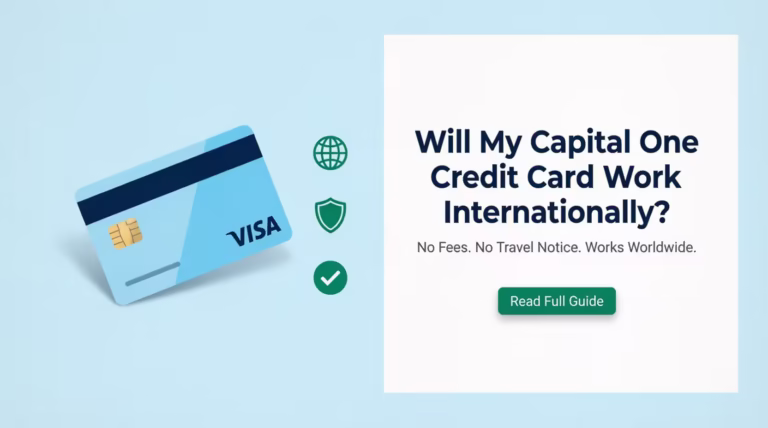 Capital One credit card with globe and shield icons showing international travel use