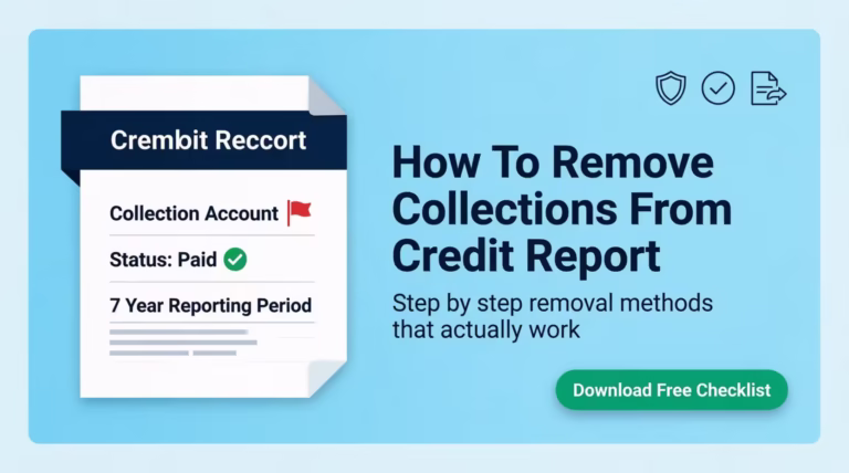 Credit report document beside a headline explaining how to remove collections from a credit report