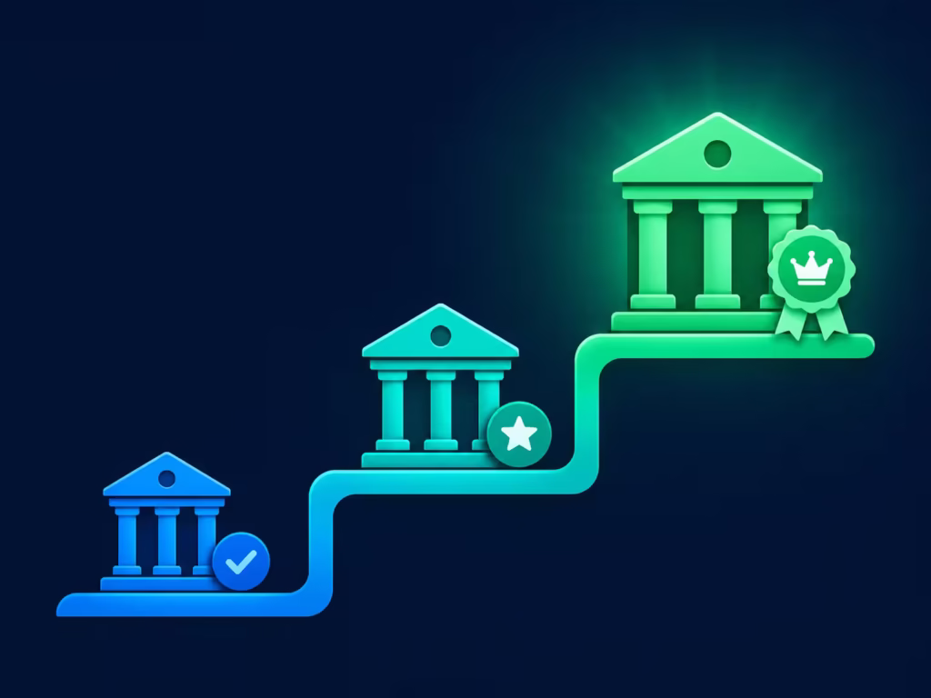 Ascending staircase diagram representing moving from a standard account to a higher tier account.