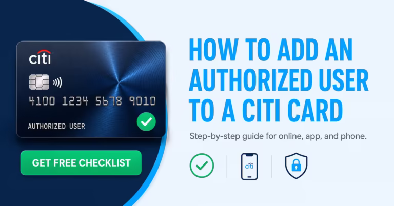 Credit card mockup illustrating how to add an authorized user to a Citi card online or by phone