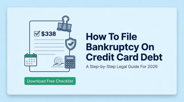 Illustrated guide cover showing a bankruptcy petition document and step-by-step filing process for credit card debt