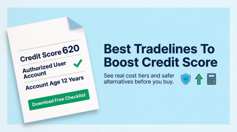 Credit report document next to text reading best tradelines to boost credit score guide