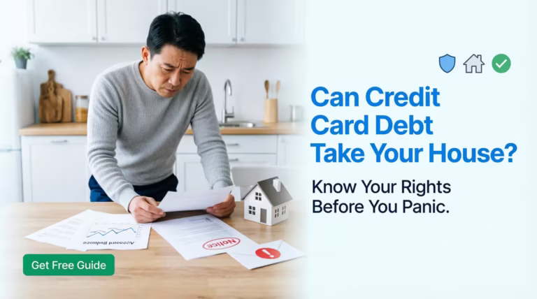 Homeowner reviewing paperwork at a kitchen table with a worried expression and a small house model nearby