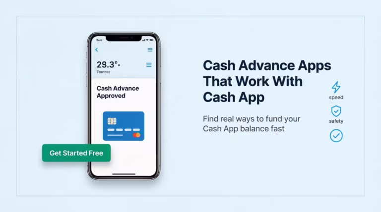 Smartphone showing a cash advance approval screen next to Cash App guide headline
